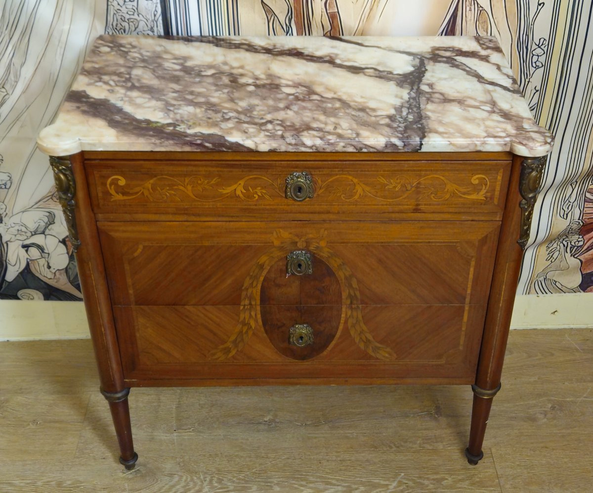 Commode sauteuse en marqueterie de bois précieux, style Louis XVI – circa 1850-photo-1