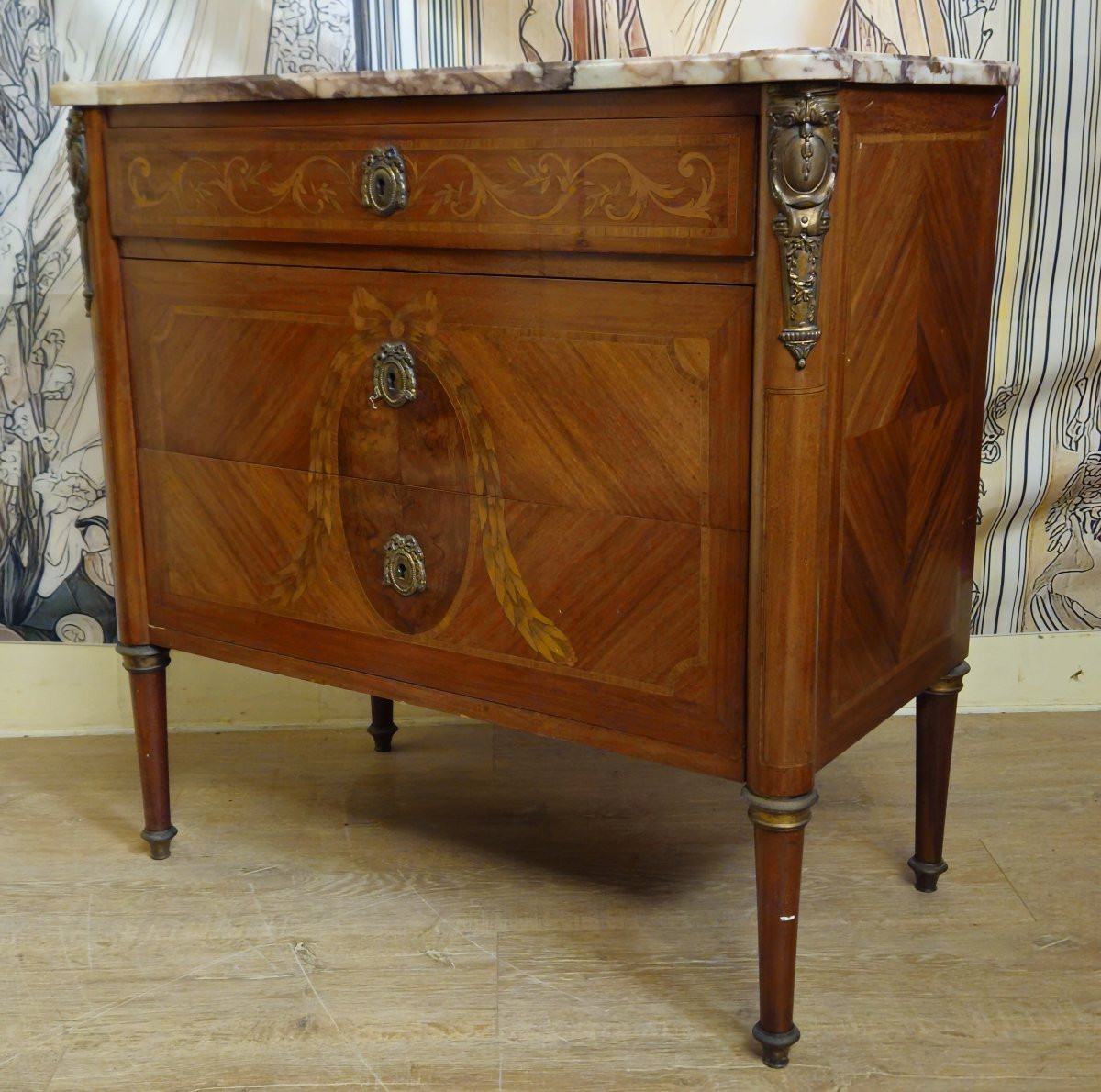 Commode sauteuse en marqueterie de bois précieux, style Louis XVI – circa 1850-photo-3