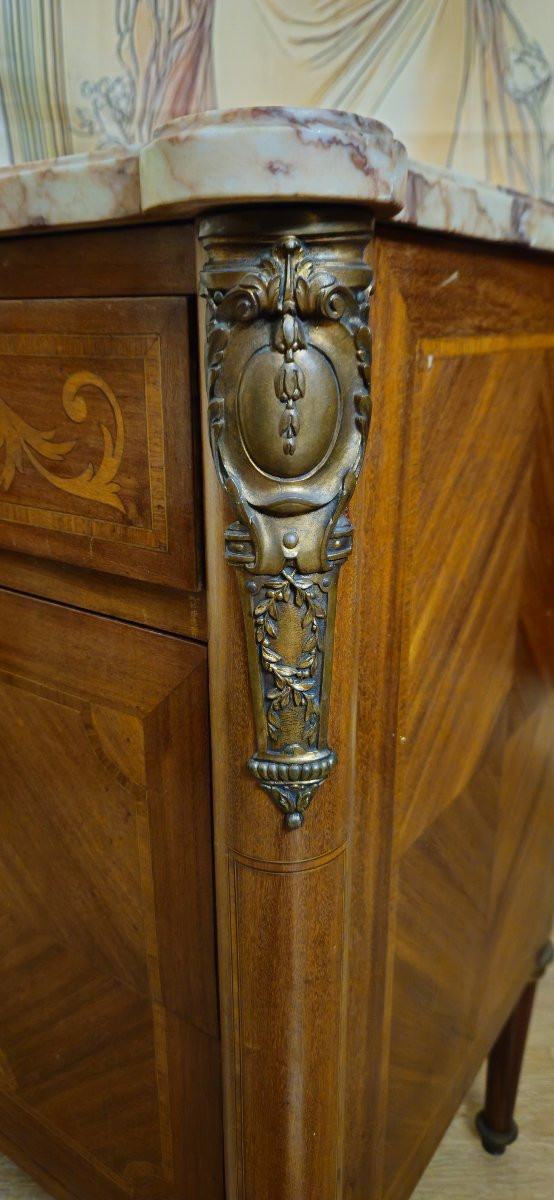 Commode sauteuse en marqueterie de bois précieux, style Louis XVI – circa 1850-photo-4