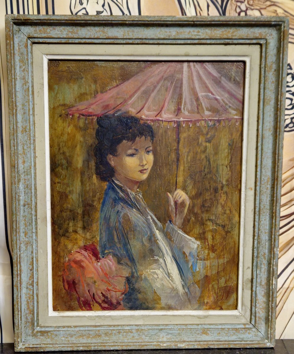 R. Milot - Jeune Femme à l'Ombrelle - Oil On Panel --photo-1