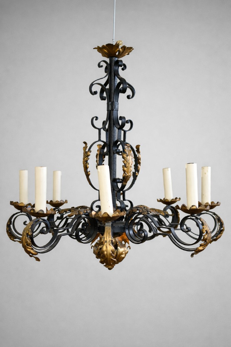Black Patinated And Gilded Wrought Iron Chandelier - 10 Lights - Louis XIV / Baroque Style-photo-1
