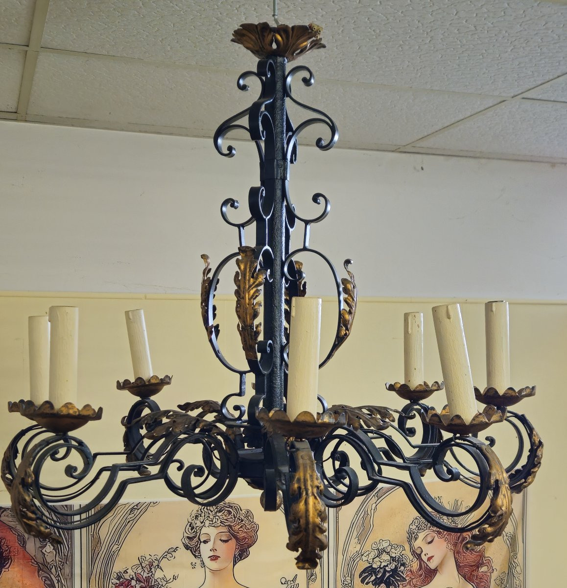 Black Patinated And Gilded Wrought Iron Chandelier - 10 Lights - Louis XIV / Baroque Style-photo-2