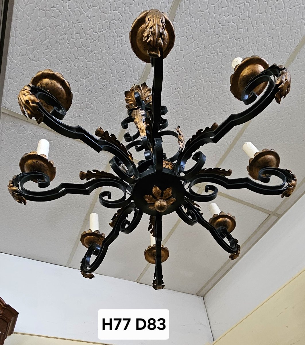 Black Patinated And Gilded Wrought Iron Chandelier - 10 Lights - Louis XIV / Baroque Style-photo-5