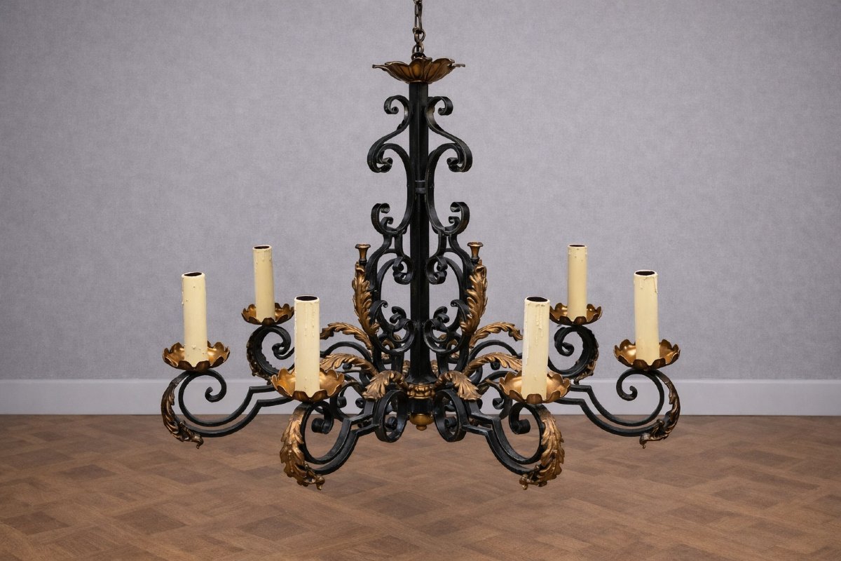 Black Patinated And Gilded Wrought Iron Chandelier - 10 Lights - Louis XIV / Baroque Style-photo-6