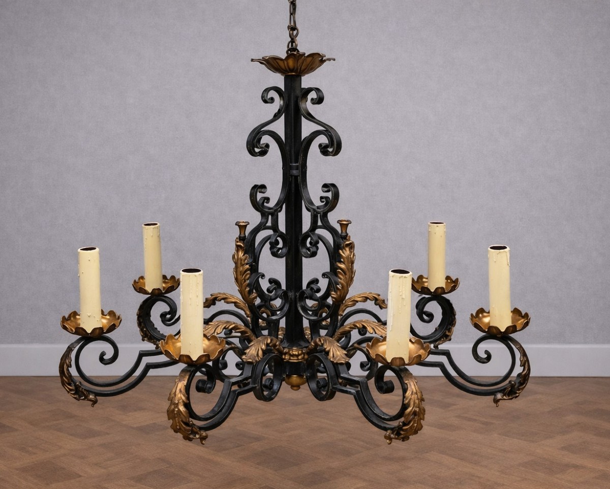 Black Patinated And Gilded Wrought Iron Chandelier - 10 Lights - Louis XIV / Baroque Style