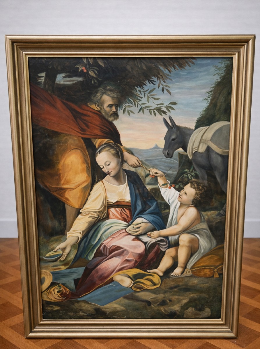 Grand tableau religieux – Sainte Famille en Égypte – XXe siècle – 148 x 117 cm  