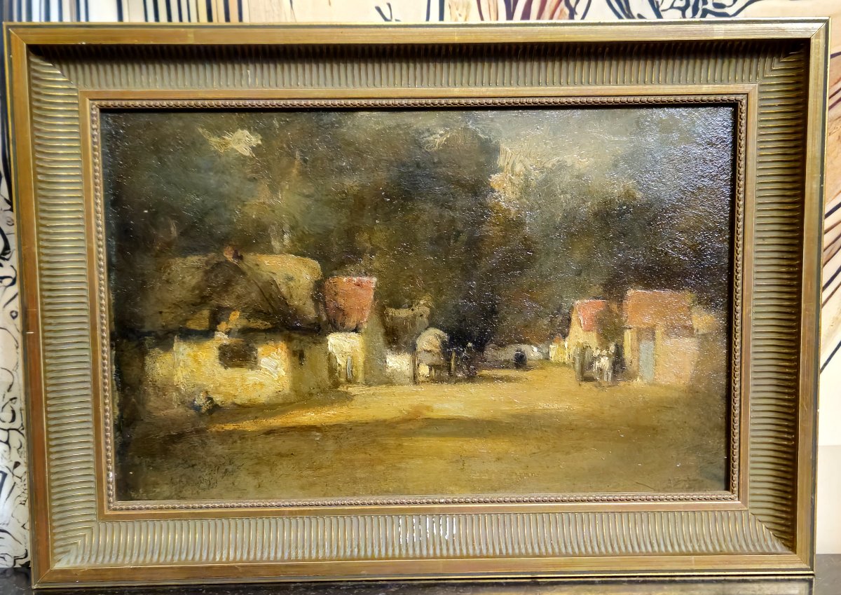 French School - Village Animé Au Crépuscule - Oil On Panel-photo-1
