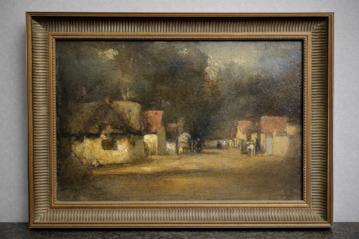 French School - Village Animé Au Crépuscule - Oil On Panel