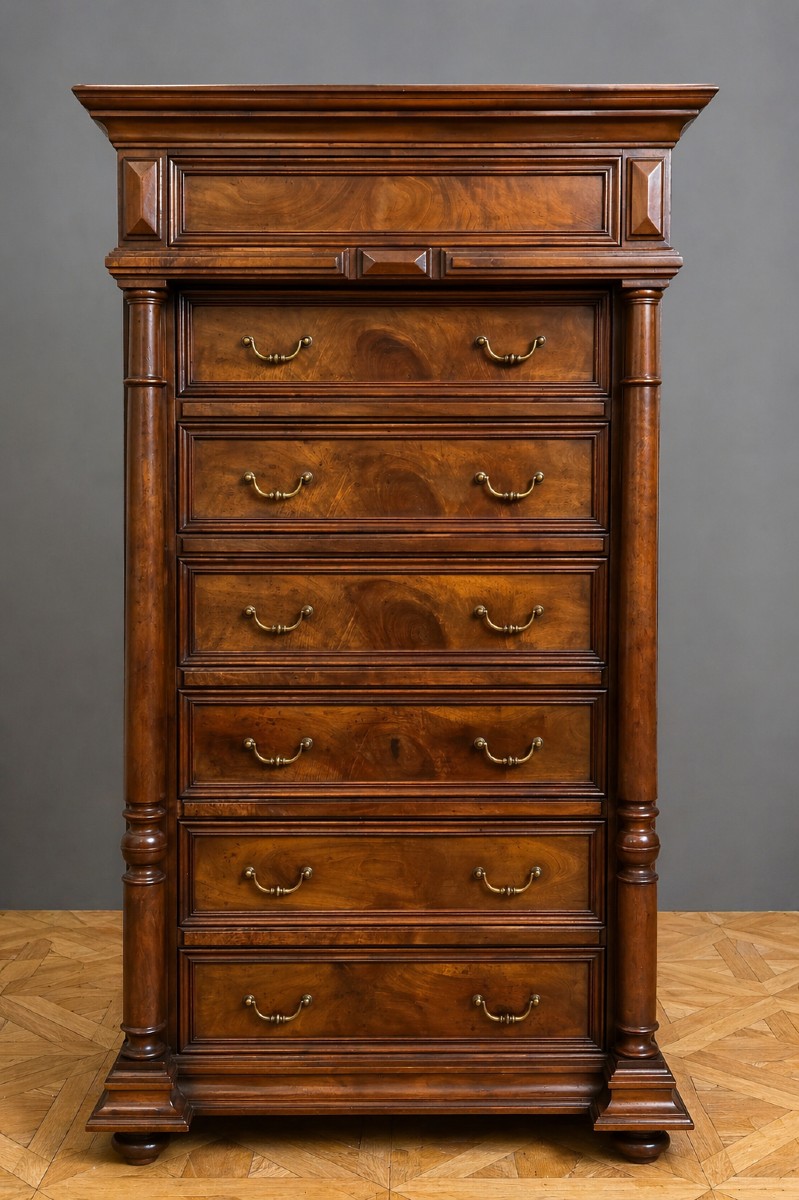 Semainier / chiffonnier en noyer massif, époque Napoléon III 