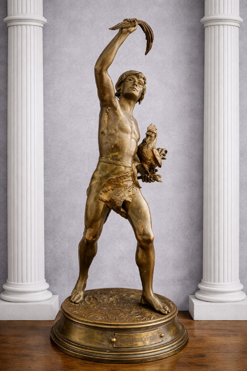 Henri Plé (1853-1922): Vainqueur Au Coq - Sculpture In Patinated Bronze - 19th Century