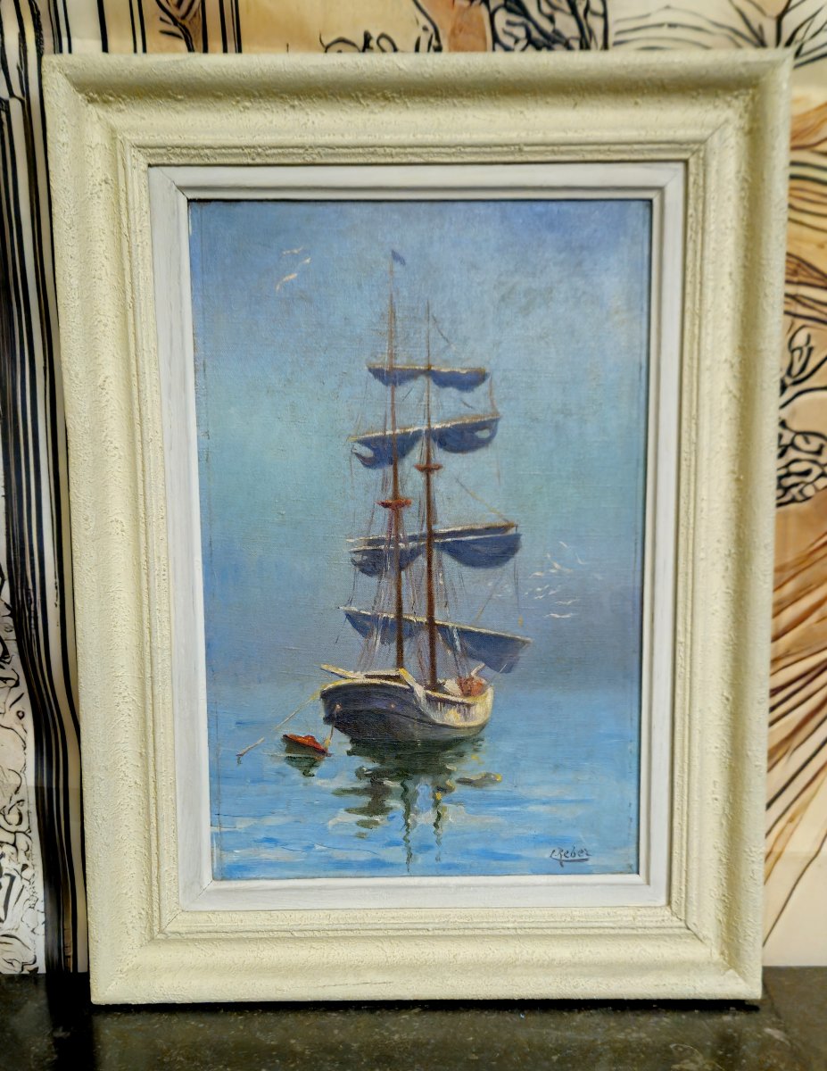 Reber - Marine With Sailboat - Oil On Canvas-photo-1