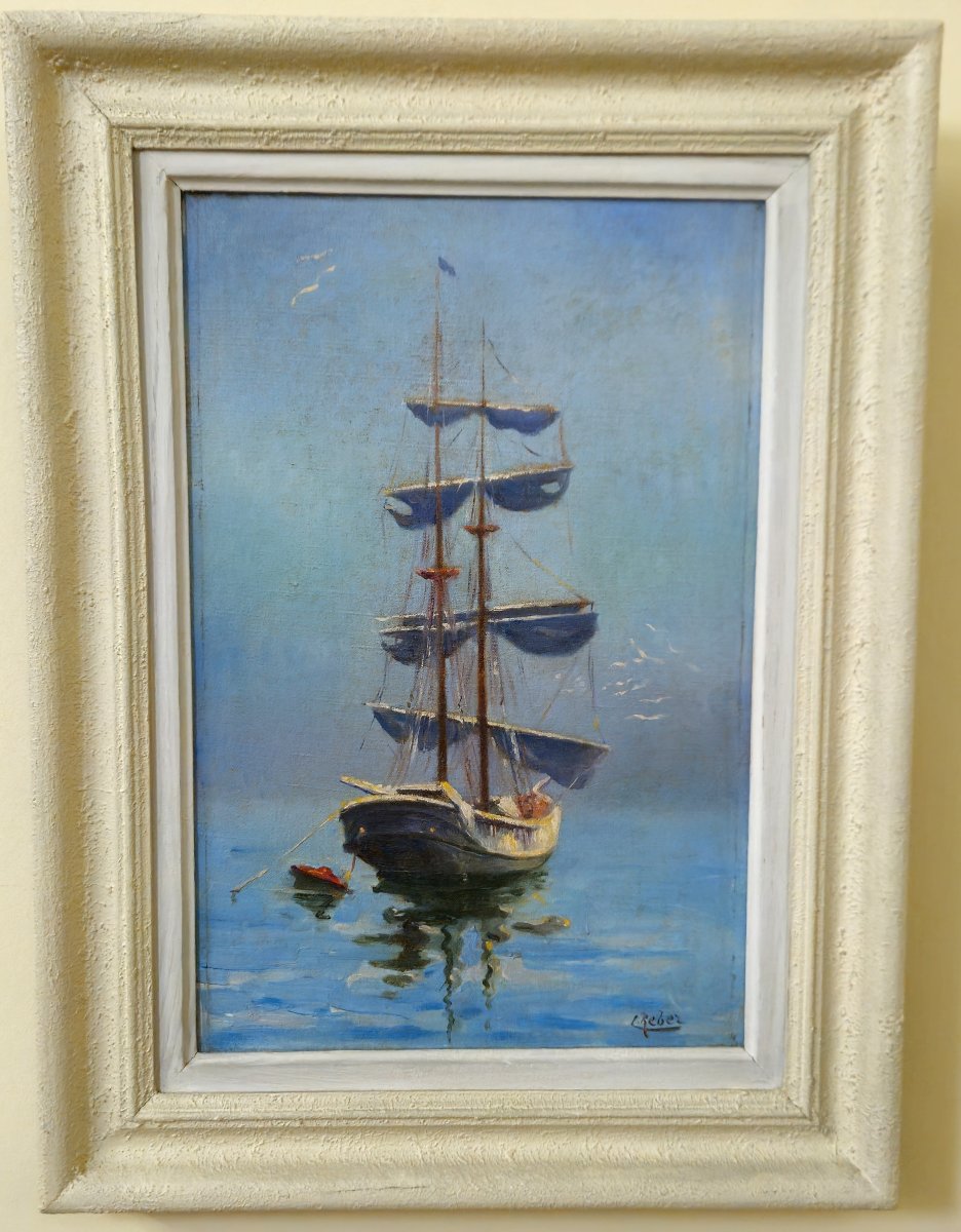 Reber - Marine With Sailboat - Oil On Canvas-photo-6