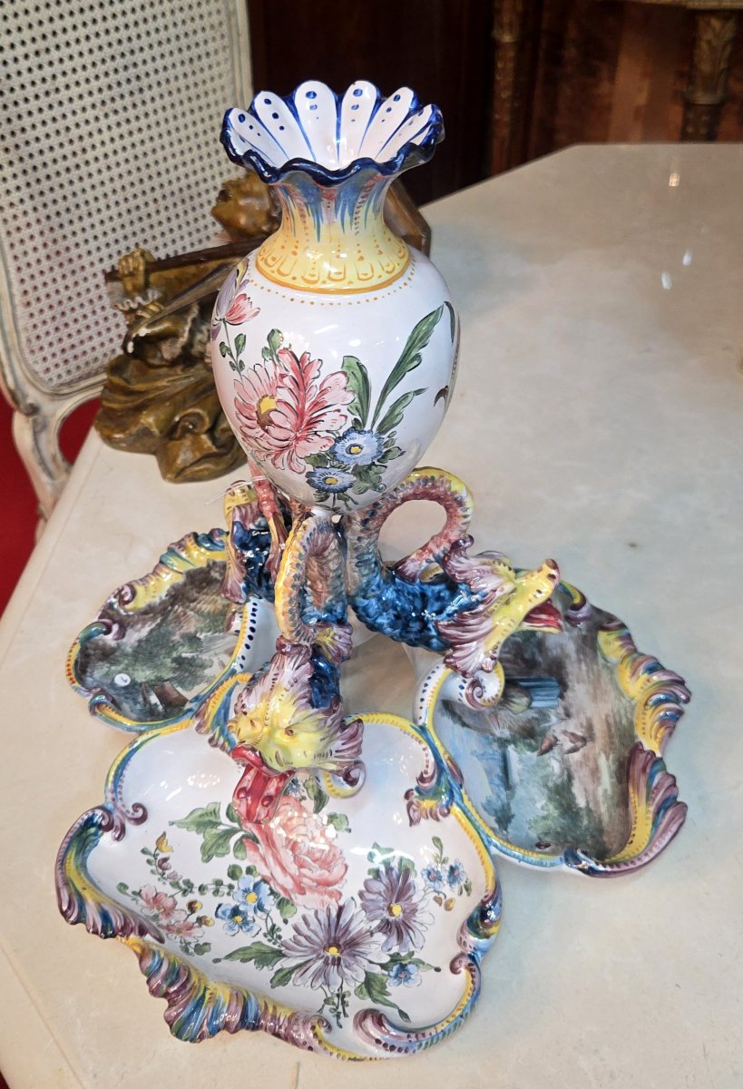 Large Earthenware Centerpiece, Hand-painted: Jules Verlingue Workshop In Desvres-photo-2