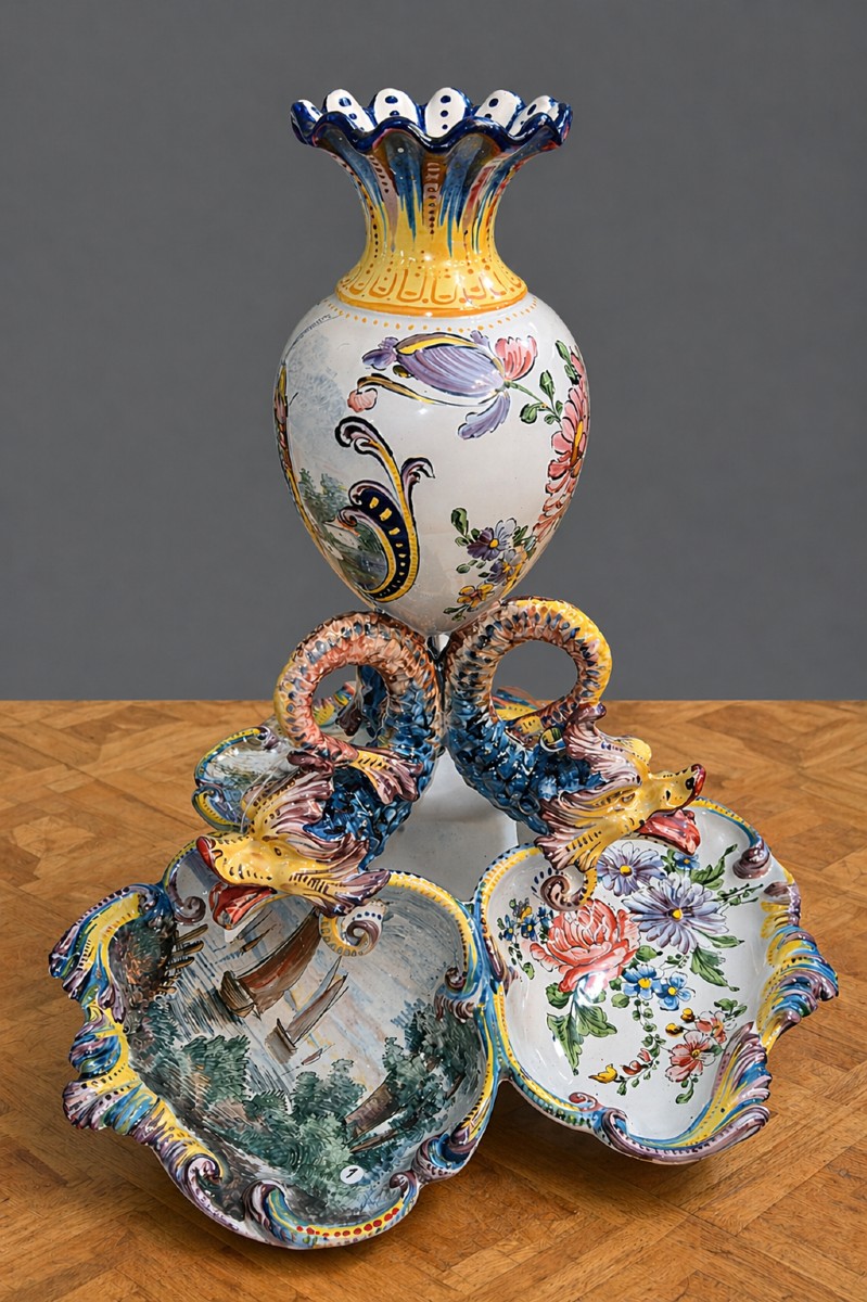 Large Earthenware Centerpiece, Hand-painted: Jules Verlingue Workshop In Desvres