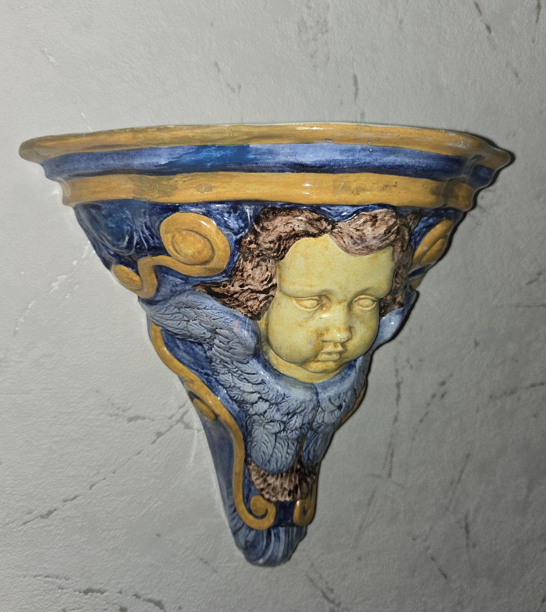 Glazed Ceramic Wall Console With Putto Design-photo-2