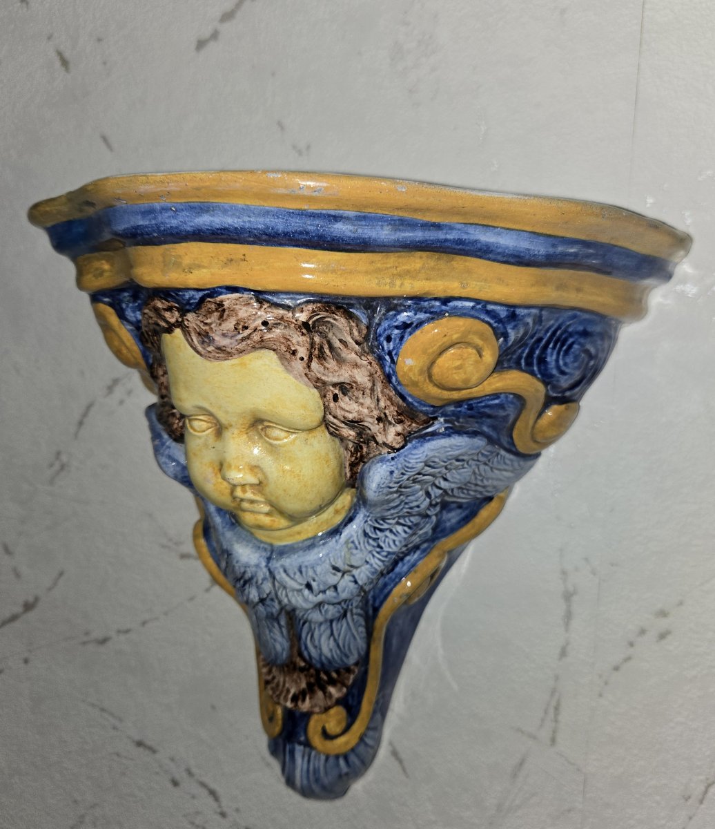 Glazed Ceramic Wall Console With Putto Design-photo-3