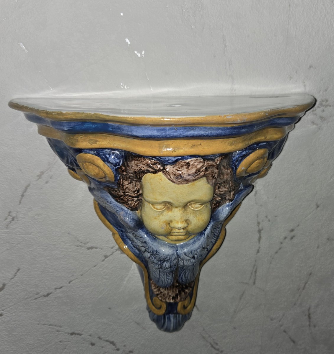 Glazed Ceramic Wall Console With Putto Design-photo-4