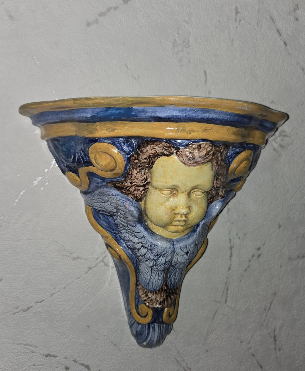 Glazed Ceramic Wall Console With Putto Design-photo-7