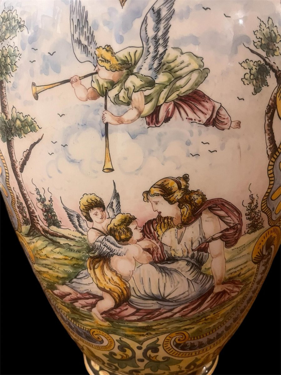 Large Covered Earthenware Vase - Polychrome Renaissance Decor - Parrot Handle - H.72 Cm-photo-1