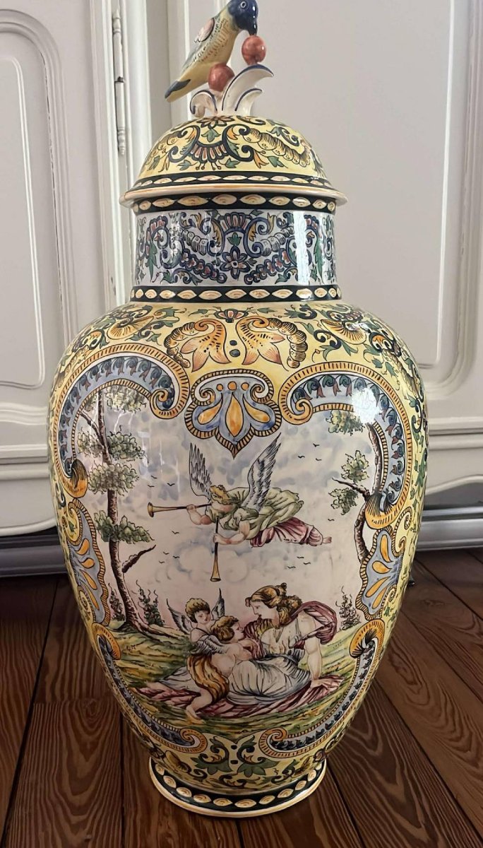 Large Covered Earthenware Vase - Polychrome Renaissance Decor - Parrot Handle - H.72 Cm-photo-2