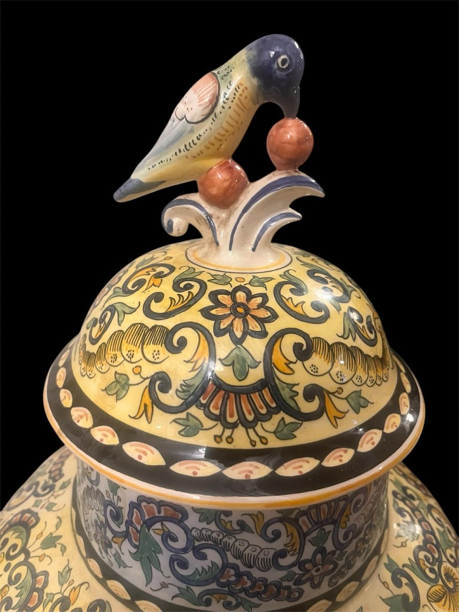 Large Covered Earthenware Vase - Polychrome Renaissance Decor - Parrot Handle - H.72 Cm-photo-3