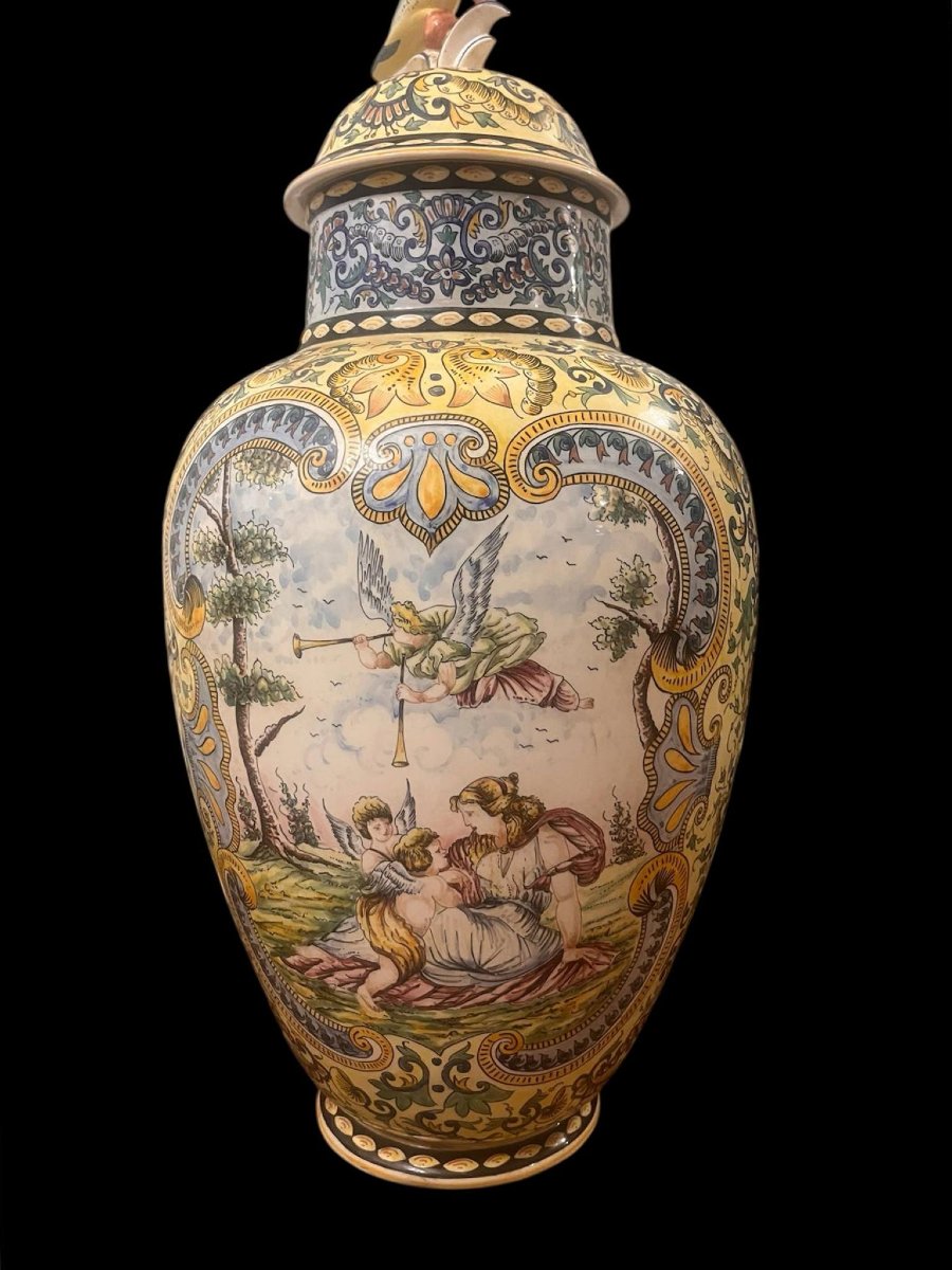 Large Covered Earthenware Vase - Polychrome Renaissance Decor - Parrot Handle - H.72 Cm-photo-4