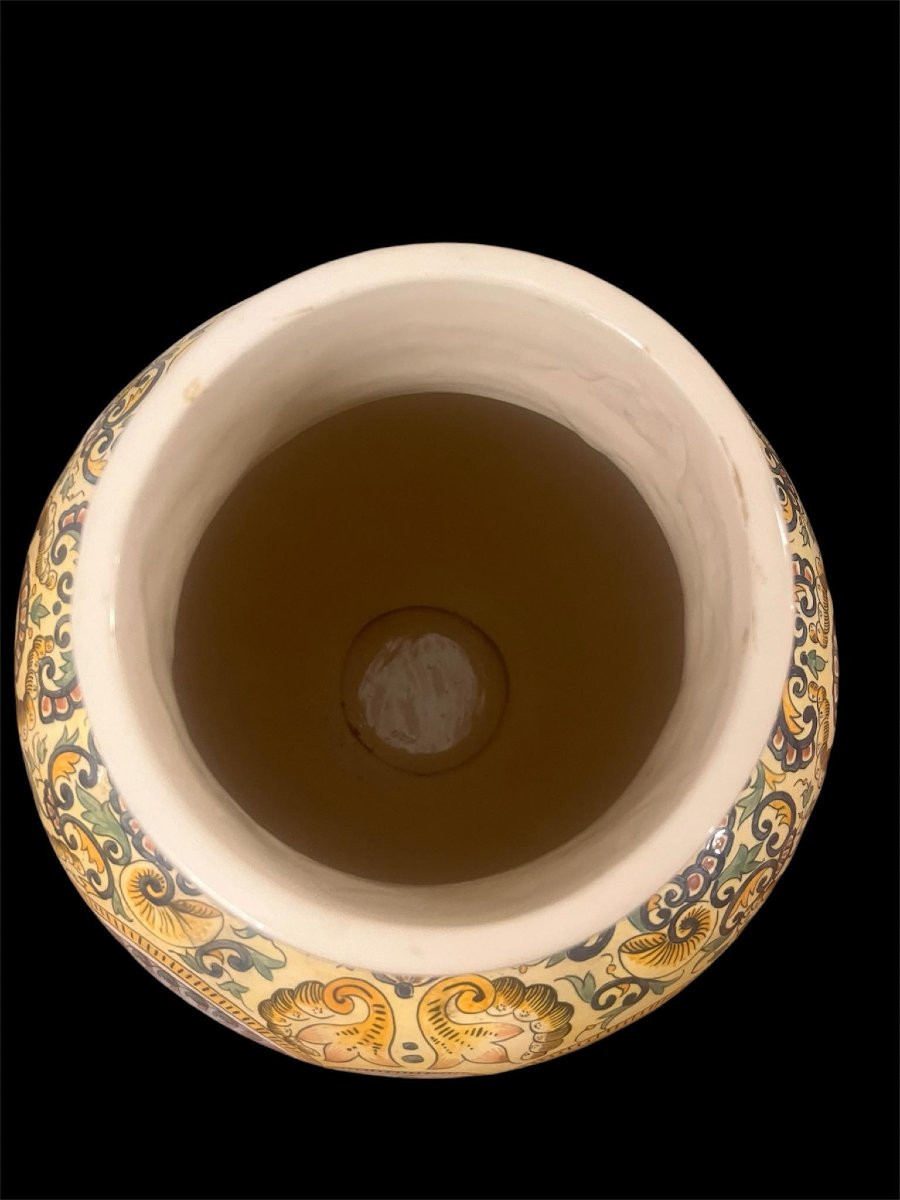 Large Covered Earthenware Vase - Polychrome Renaissance Decor - Parrot Handle - H.72 Cm-photo-5