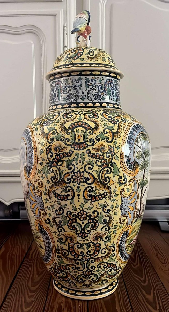 Large Covered Earthenware Vase - Polychrome Renaissance Decor - Parrot Handle - H.72 Cm-photo-6