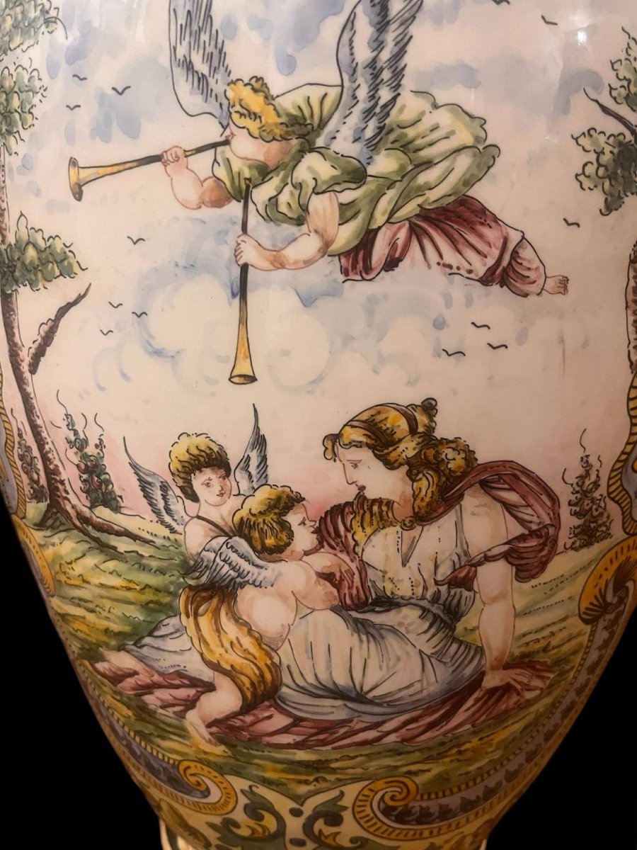 Large Covered Earthenware Vase - Polychrome Renaissance Decor - Parrot Handle - H.72 Cm-photo-7