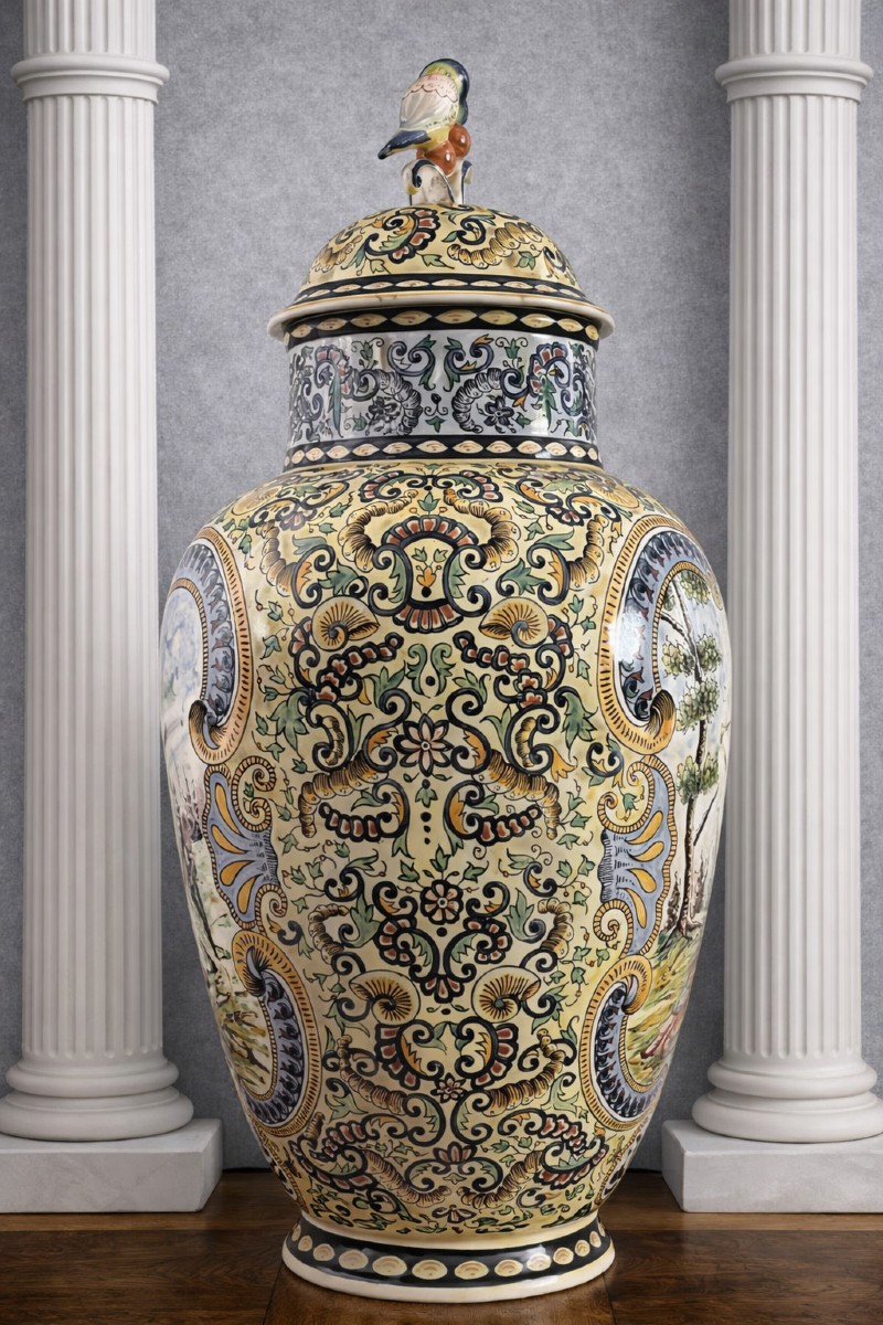 Large Covered Earthenware Vase - Polychrome Renaissance Decor - Parrot Handle - H.72 Cm