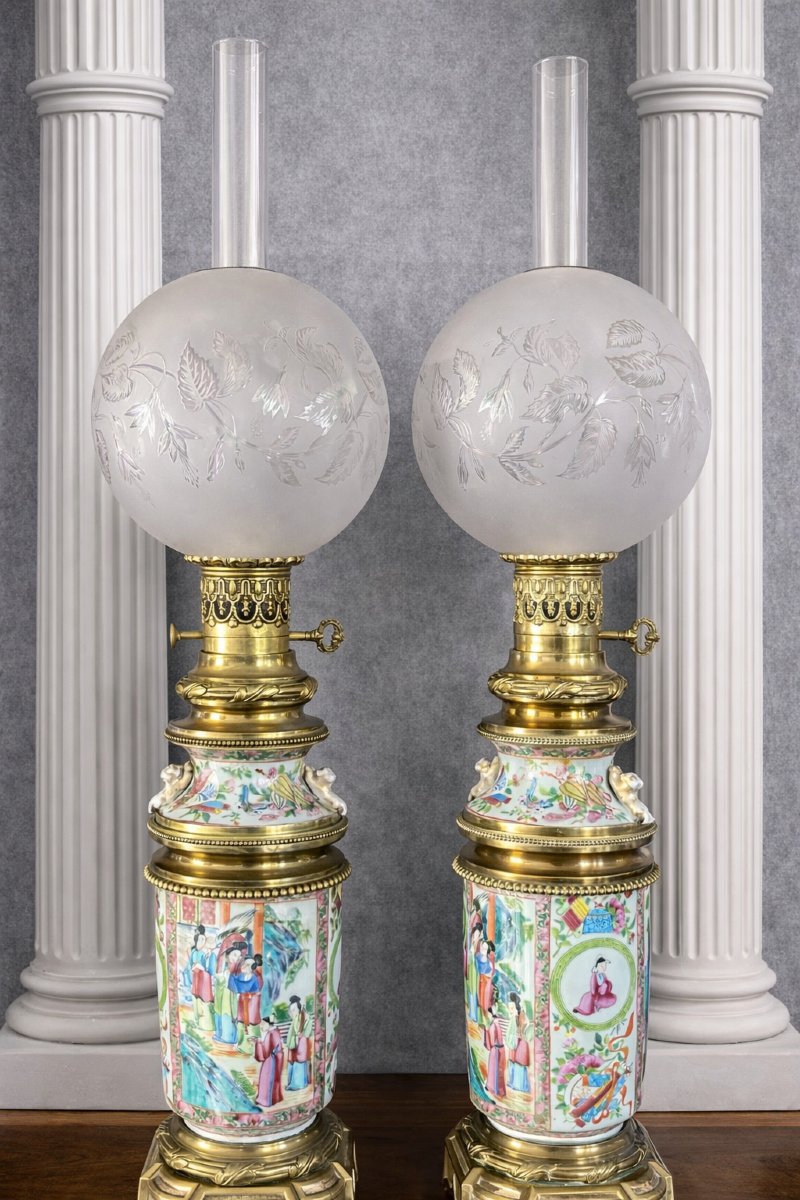 Pair Of Kerosene Lamps On Gilt Bronze Terraces-photo-2