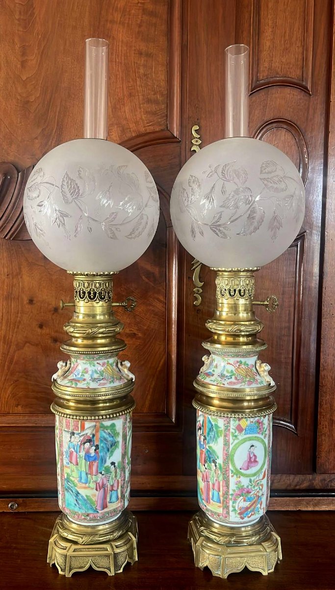 Pair Of Kerosene Lamps On Gilt Bronze Terraces-photo-7