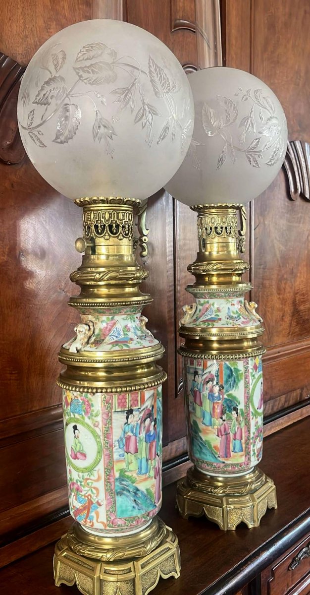 Pair Of Kerosene Lamps On Gilt Bronze Terraces-photo-8