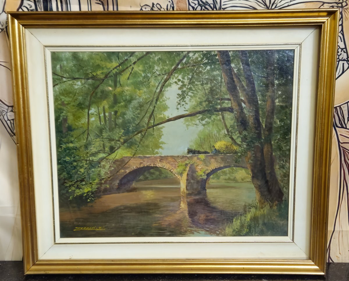 F Zerboni – Paysage d’Auvergne – Pont en pierre – Huile sur toile-photo-1