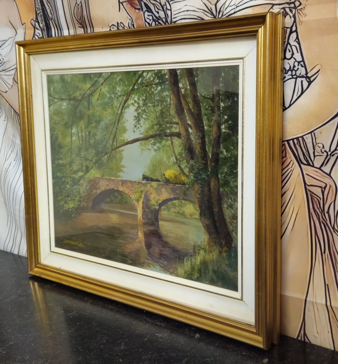 F Zerboni – Paysage d’Auvergne – Pont en pierre – Huile sur toile-photo-2