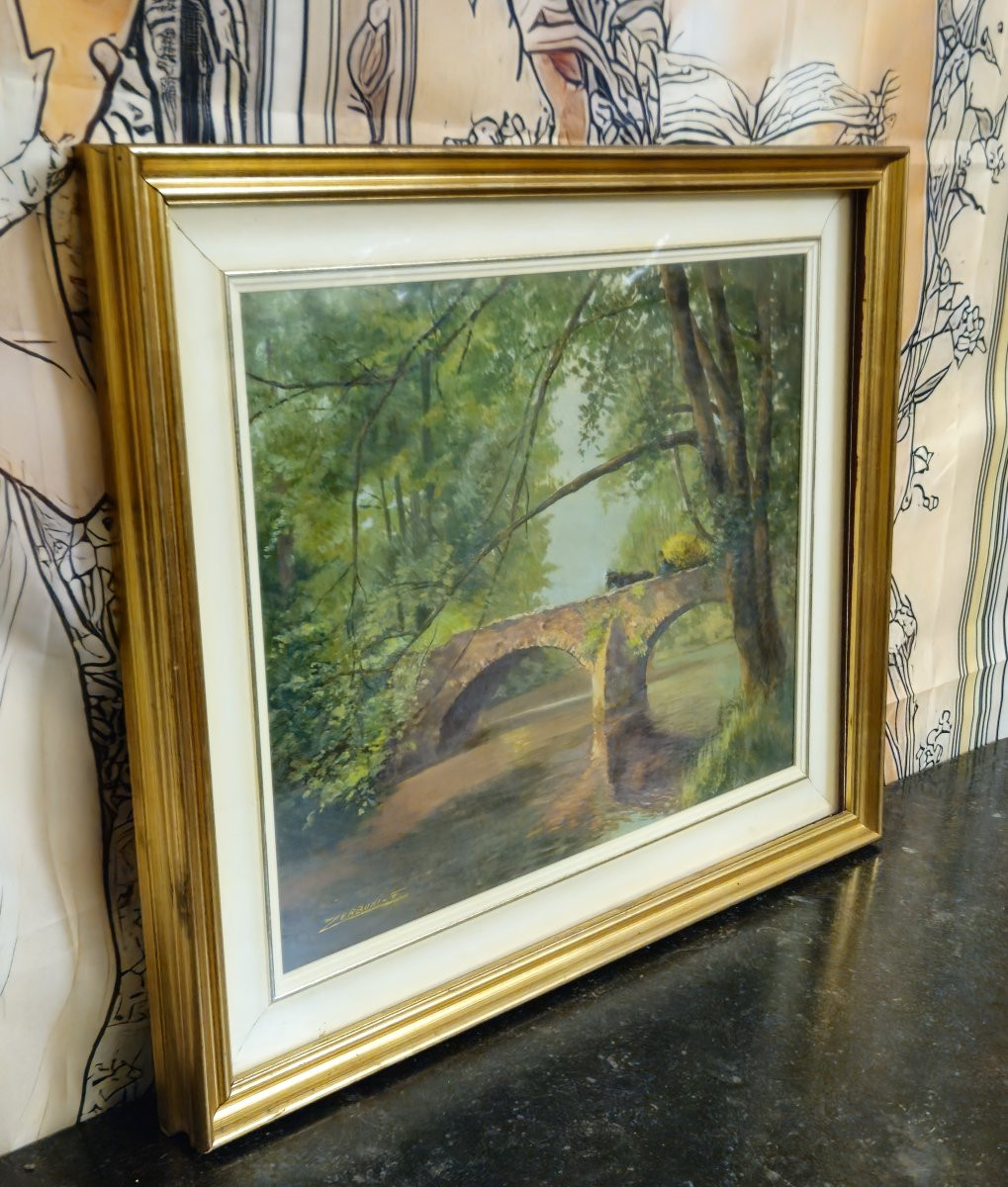 F Zerboni – Paysage d’Auvergne – Pont en pierre – Huile sur toile-photo-3