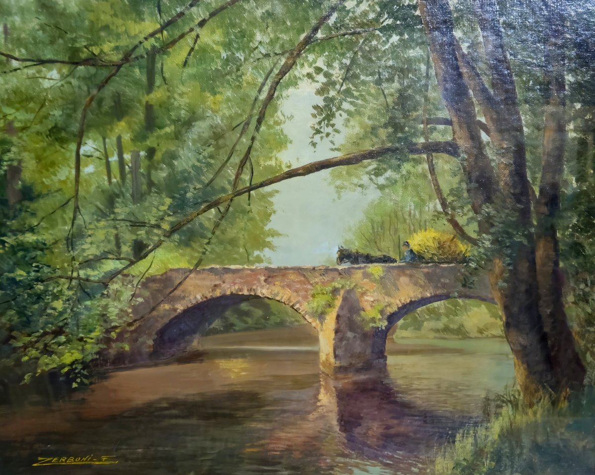 F Zerboni – Paysage d’Auvergne – Pont en pierre – Huile sur toile-photo-4