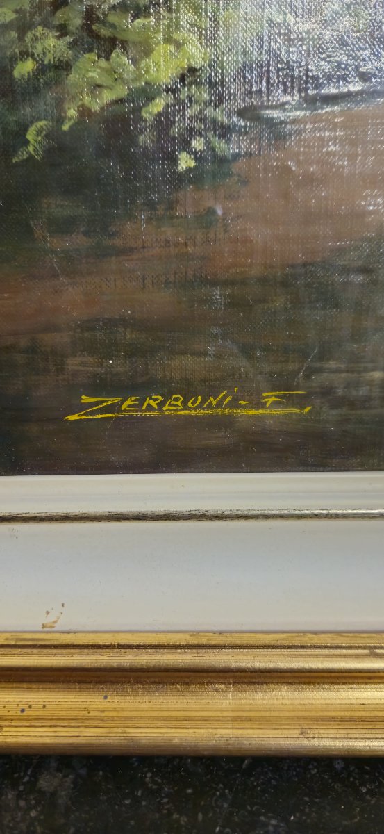 F Zerboni – Paysage d’Auvergne – Pont en pierre – Huile sur toile-photo-5
