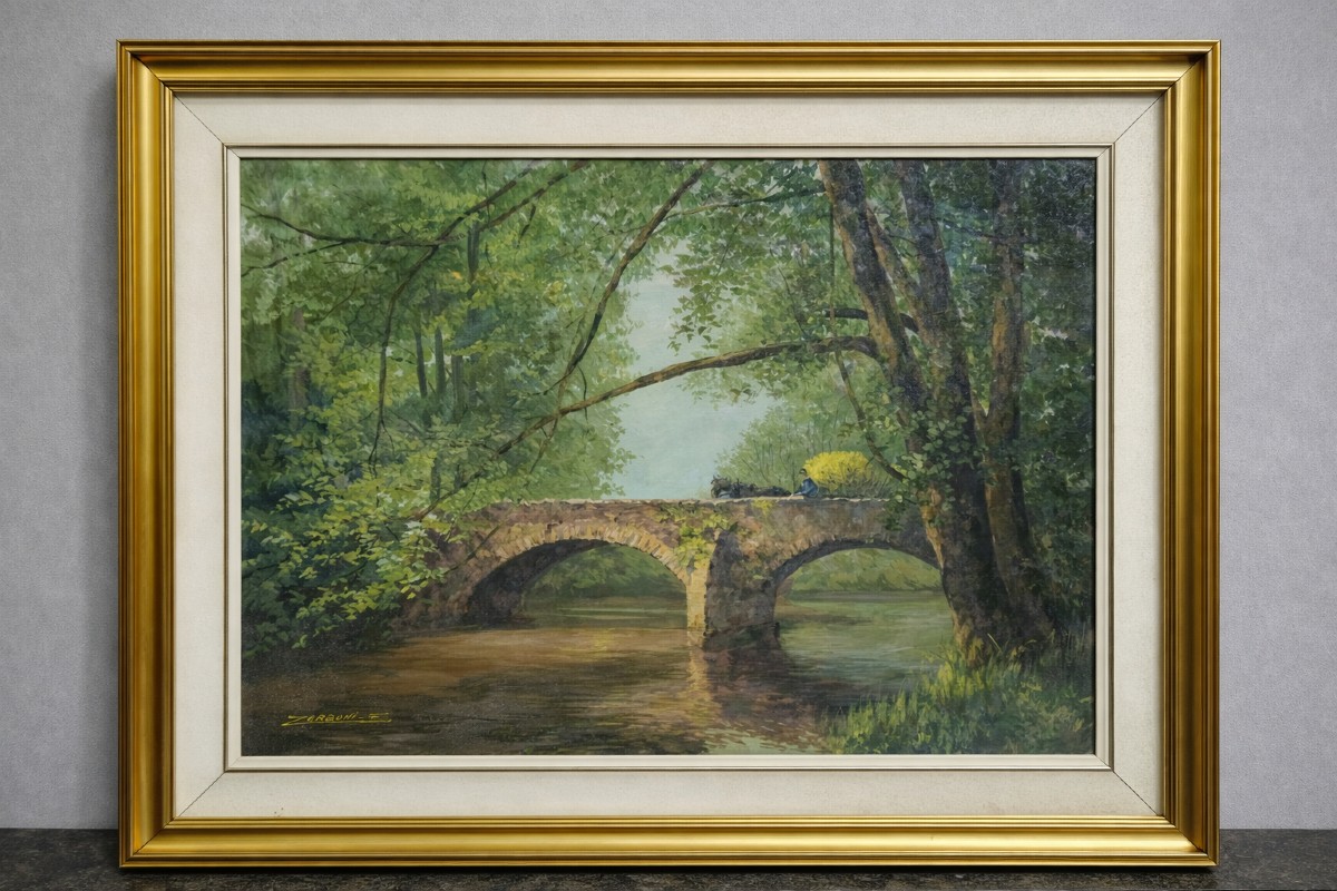 F Zerboni – Paysage d’Auvergne – Pont en pierre – Huile sur toile