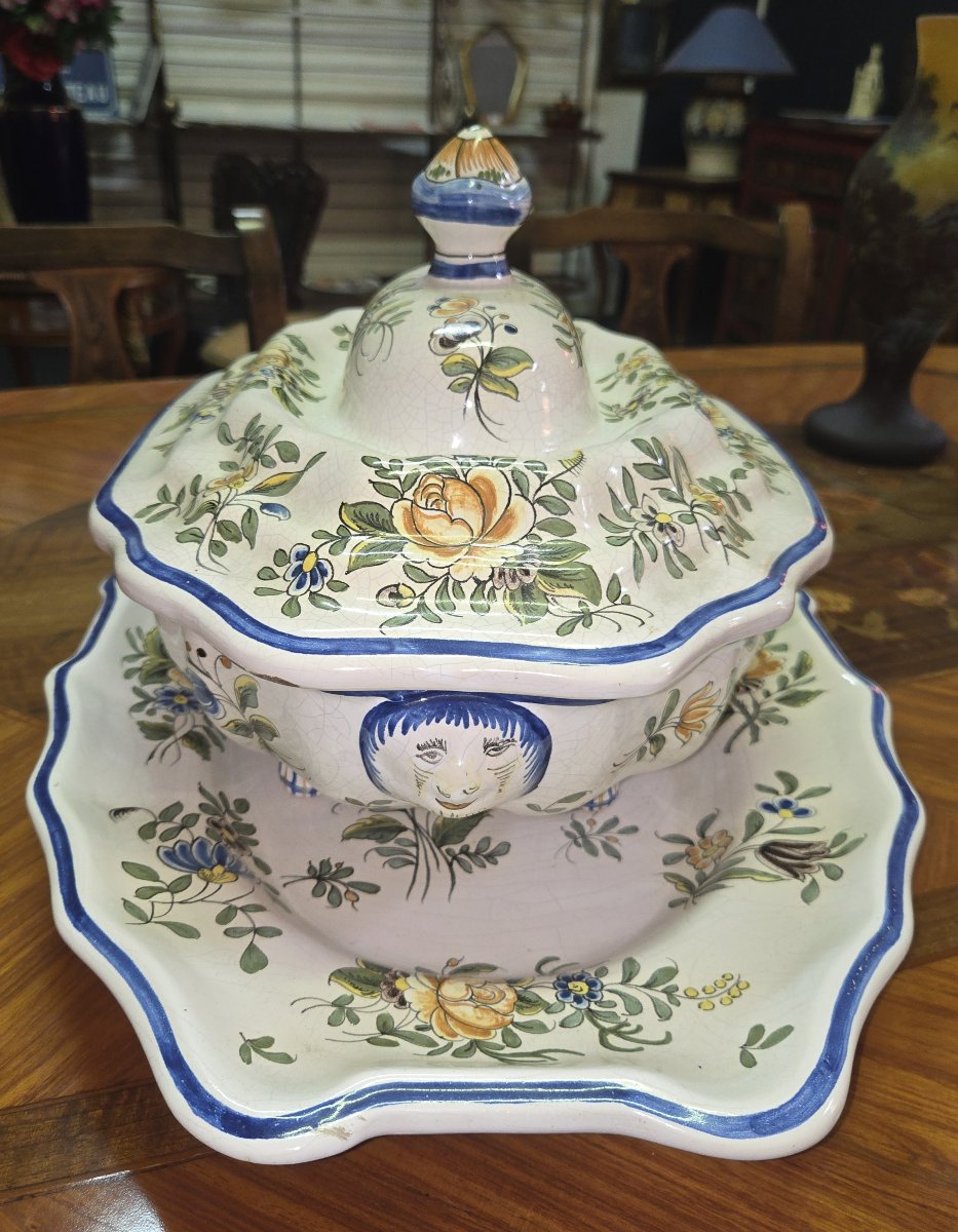 Huge Antique Earthenware Soup Tureen - Floral Design - With Matching Tray-photo-1