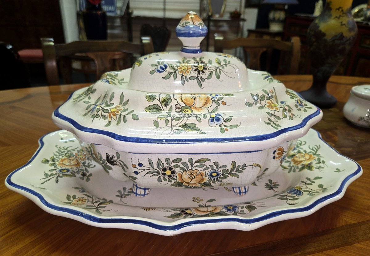 Huge Antique Earthenware Soup Tureen - Floral Design - With Matching Tray-photo-2