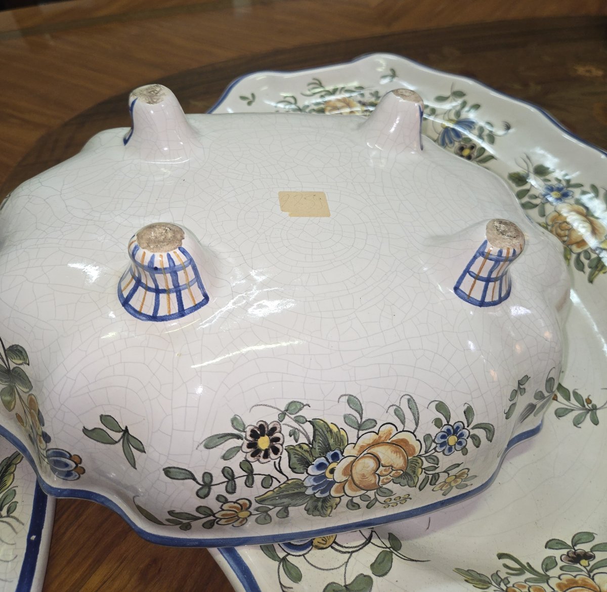 Huge Antique Earthenware Soup Tureen - Floral Design - With Matching Tray-photo-5
