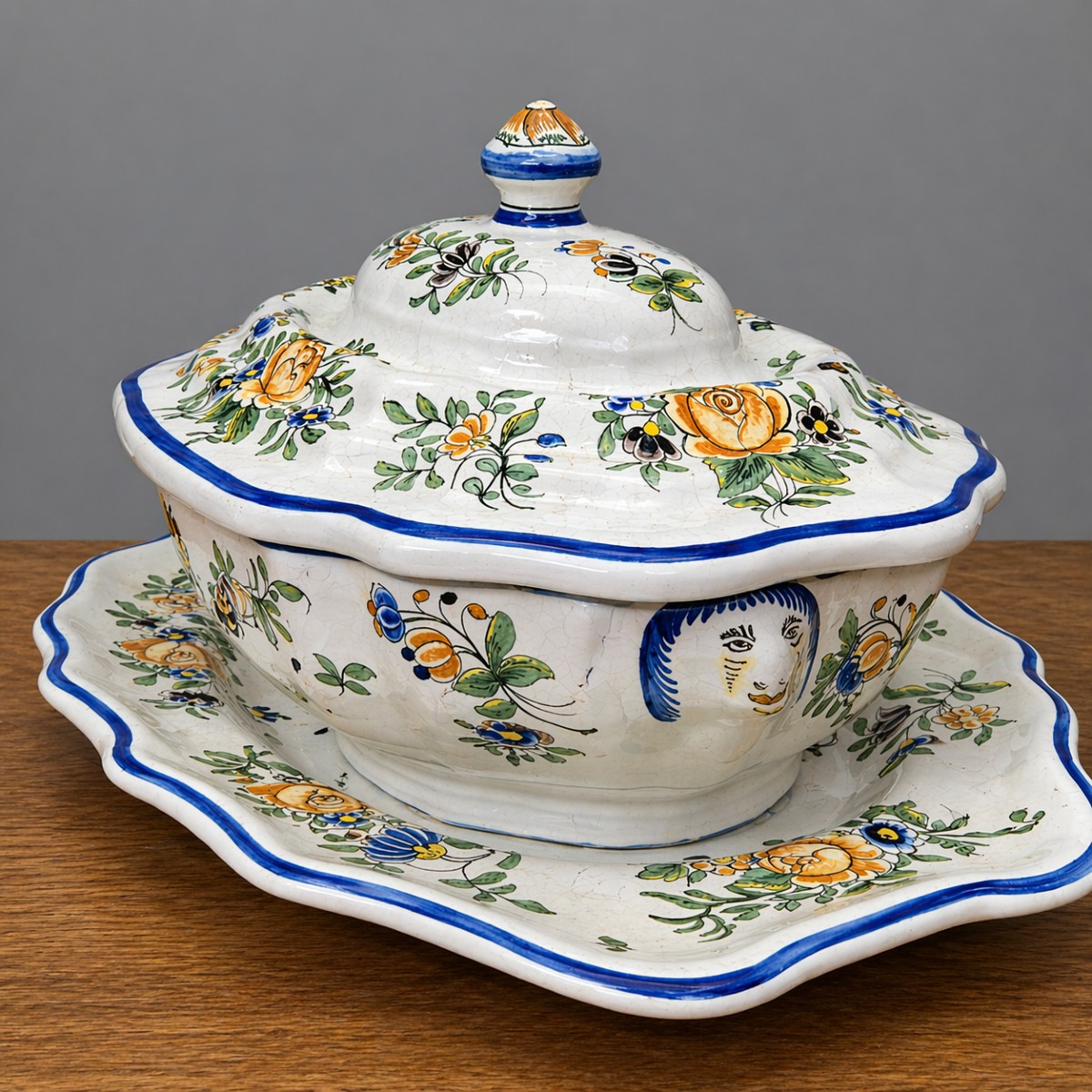 Huge Antique Earthenware Soup Tureen - Floral Design - With Matching Tray