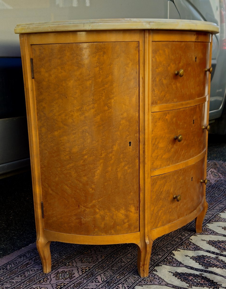 Half-moon Chest Of Drawers In Burr Wood With Marble Top - Louis XV Style Work-photo-1