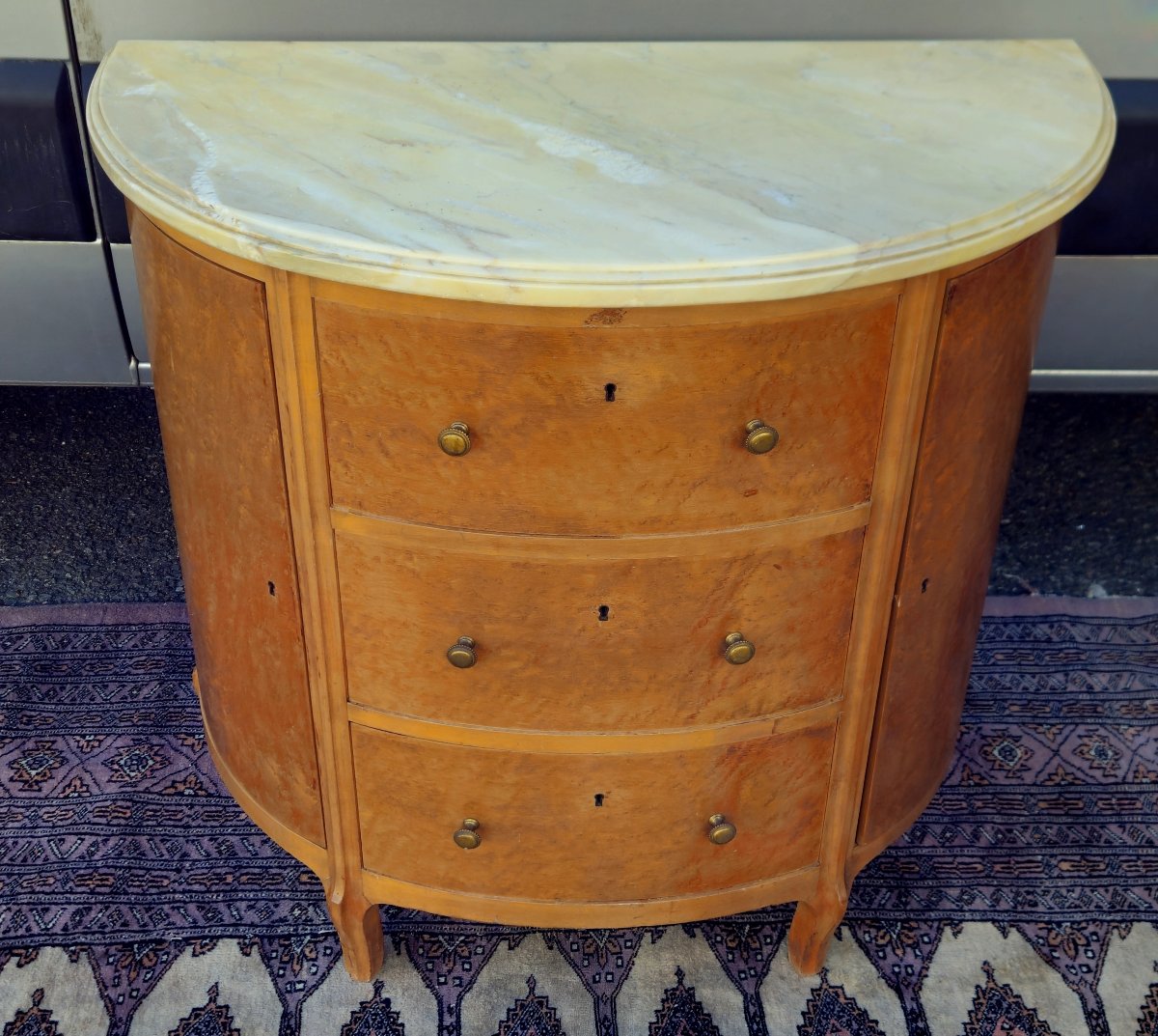 Half-moon Chest Of Drawers In Burr Wood With Marble Top - Louis XV Style Work-photo-7