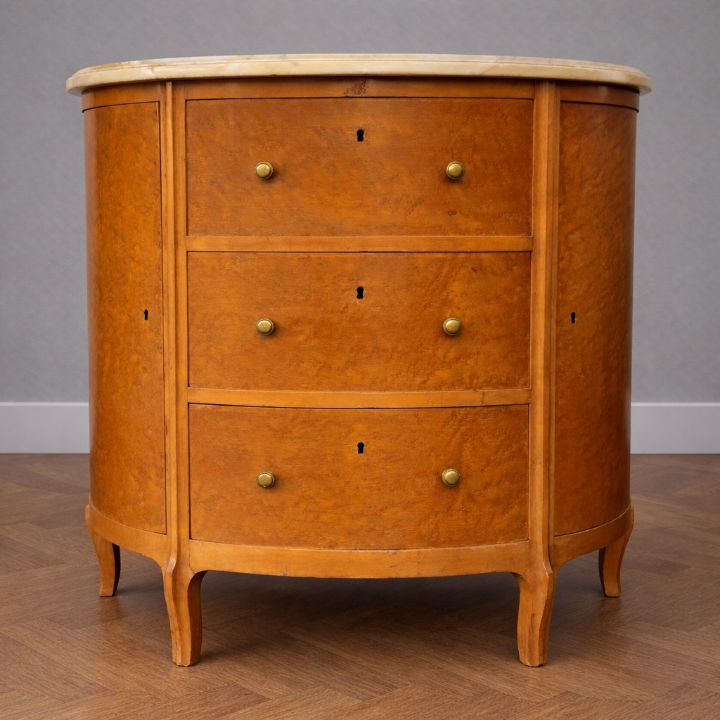 Half-moon Chest Of Drawers In Burr Wood With Marble Top - Louis XV Style Work