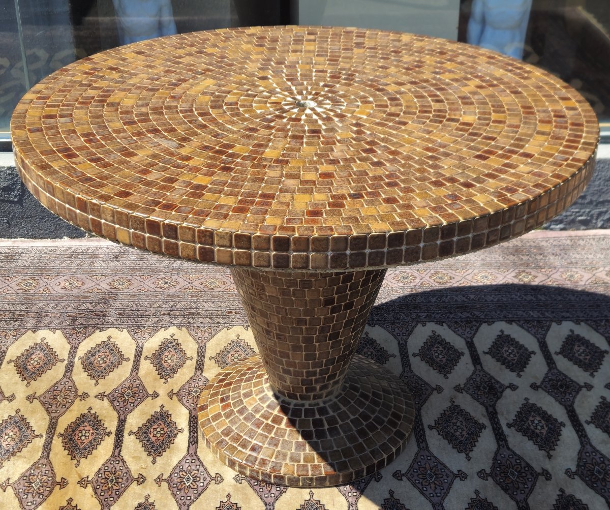 Table ronde en mosaïque de céramique émaillée – piètement central conique -photo-2
