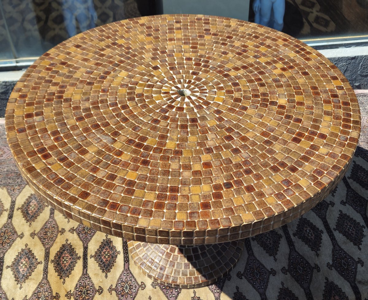Table ronde en mosaïque de céramique émaillée – piètement central conique -photo-5