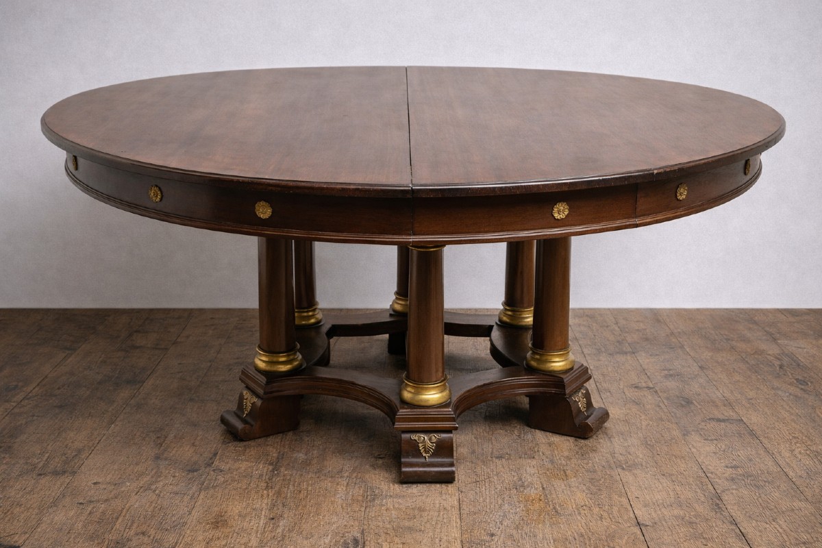 Large Round Table With Extensions - Column Base - Empire Period / Mahogany