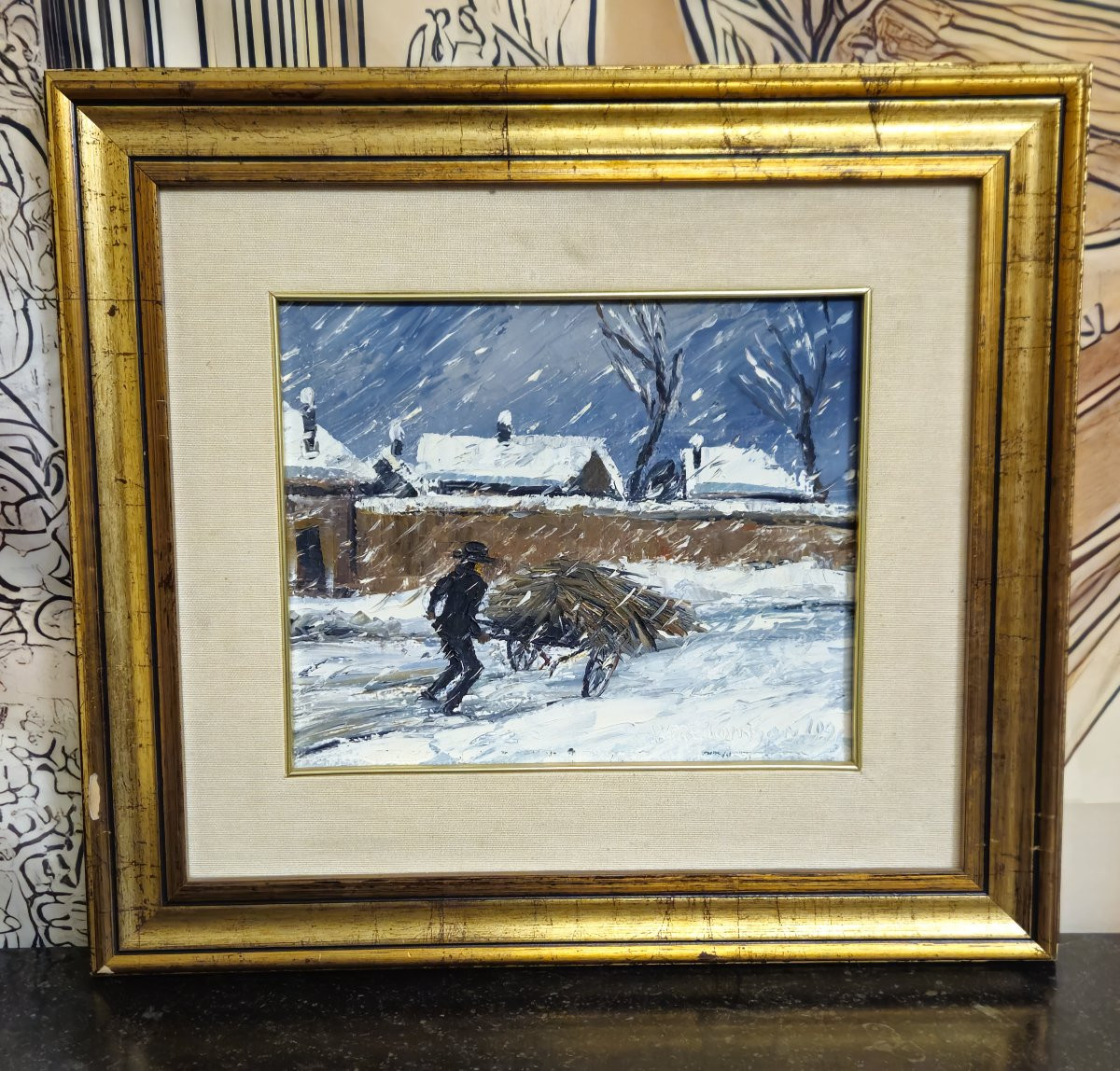 André Poirson – Scène hivernale animée – Huile sur toile    -photo-1
